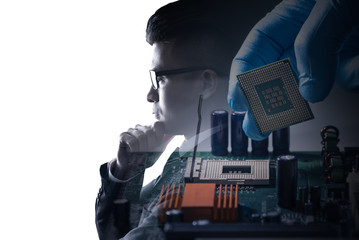The double exposure image of the businessman standing overlay with the CPU installing image and copy space. the concept of AI, electronics, intelligence, cyber, technology and internet of things.
