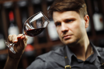 Bokal of red wine on background, male sommelier appreciating drink