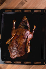 Beautiful food: baked whole duck close-up on a platter on the table.