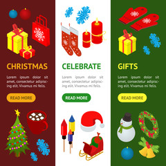 Christmas Celebration Banner Vecrtical Set 3d Isometric View. Vector
