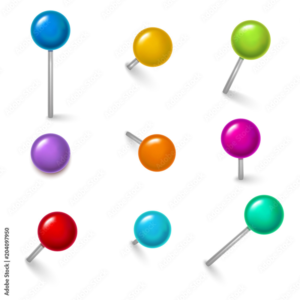 Poster Realistic Detailed 3d Colorful Push Pins Different Angles Set. Vector