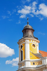 Bird perched on the cross of a church spire at Cluj-Napoca, Romania