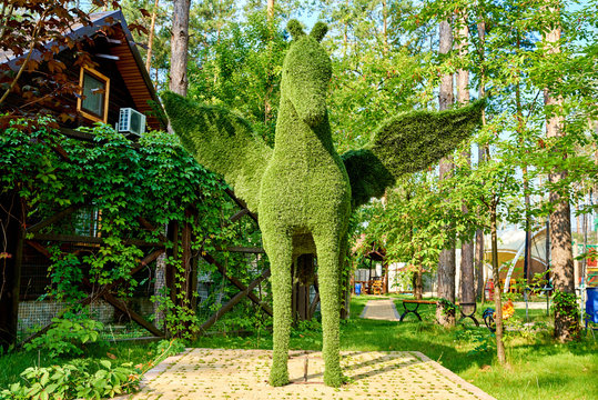 Figure of pegasus made of green lawn grass in the park, free space. Green grass covered topiary pegasus, landscape design. Grass figure of pegasus, topiary figure