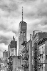 Black and white picture of the Manhattan architecture, New York City, USA.