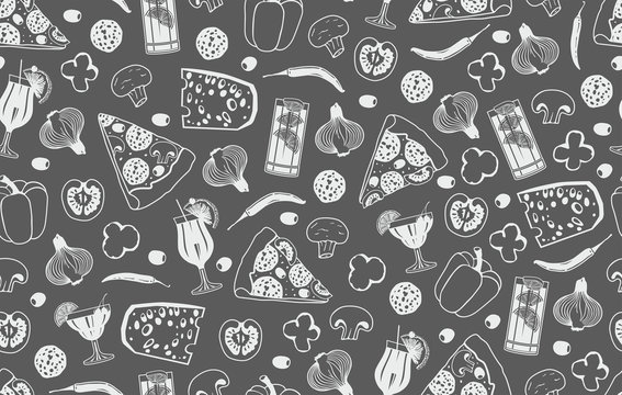 Seamless pattern of pizza isolated on black background