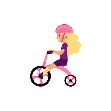 Little girl riding tricycle - cute female child wears safety helmet and rides pink bicycle isolated on white background. Cartoon vector illustration active child leisure for summertime.