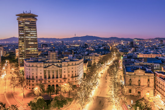 Cityscape and Rambla pedestrian mall, Barcelona, Catalonia, Spain