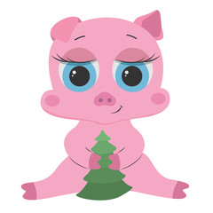 A little pig with big eyes and a Christmas tree in the paws