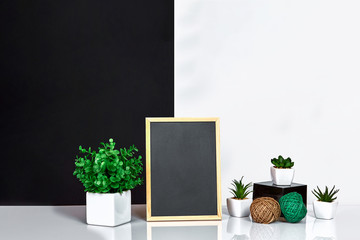 Wooden frame with black place for text. Mock up. Stylish room interior. Green plant in a white pot on black-white wall background