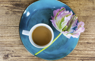 Spring Table Setting with Vintage Blue Cutlery and Pink Tulip Flower on a Wooden Background.Floral Table Decor with Coffee.