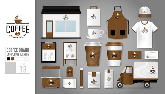 Corporate identity template Set 18. Logo concept for coffee shop, cafe, restaurant. Realistic mock up template set of store, car, t-shirt, apron, cap, cup, menu, package, name card, kiosk, tag.