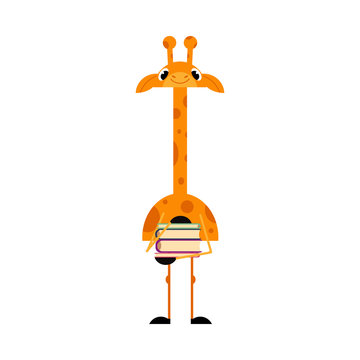 Cute giraffe cartoon character stands smiling and holds pile of books isolated on white background - funny comic yellow african animal with spots is going to read and study, vector illustration.