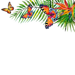 beautiful tropical palm leaves and flowers, watercolor