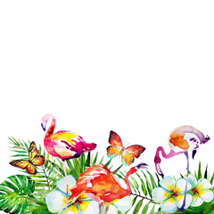 Tropical palms and flamingos