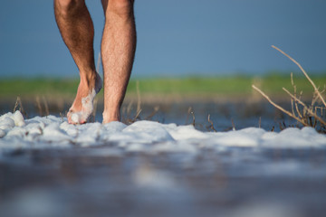  Legs of man walking in the water