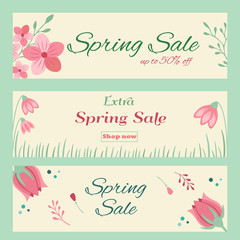 Spring sale banners with hand drawn floral ornament