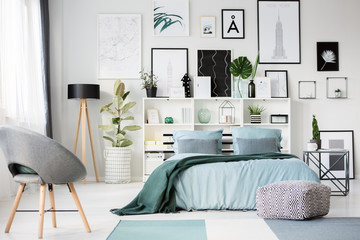 Green and blue bedroom interior