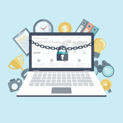 Security concept with lock and chain around laptop. Search engine concept with a magnifying glass and a laptop. Flat vector illustration