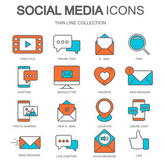 Social media icons for websites and mobile applications. Thin line collection. Flat vector illustration