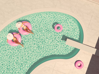 women swimming on float in a pool. 3d rendering - 204104378