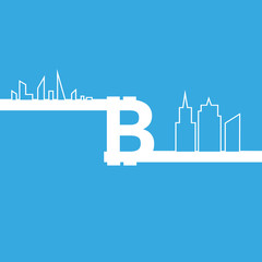 Bitcoin sign icon and line city for internet money. Crypto currency symbol and coin image for using in web projects or mobile applications. Blockchain based secure cryptocurrency.