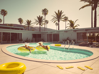 women swimming on float in a pool. 3d rendering