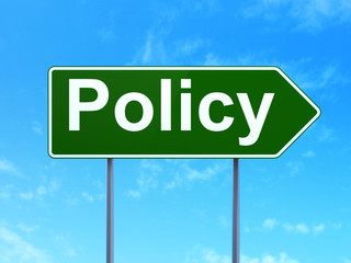 Insurance concept: Policy on green road highway sign, clear blue sky background, 3D rendering