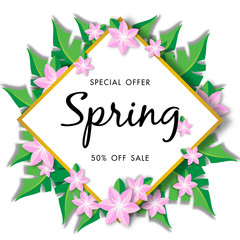 Spring sale background with beautiful flower, vector illustration template