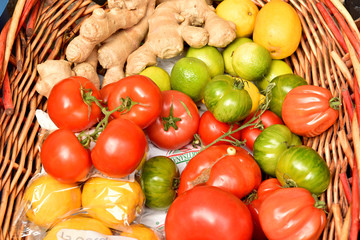 Fruits and vegetables in the basket. Good harvest.