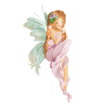 Beautiful hand painted oil fairy with floral bouquet, flowers wreath isolated on white