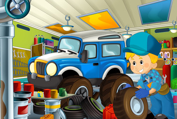 cartoon scene with garage mechanic working repearing some vehicle - police car - or cleaning work place - illustration for children