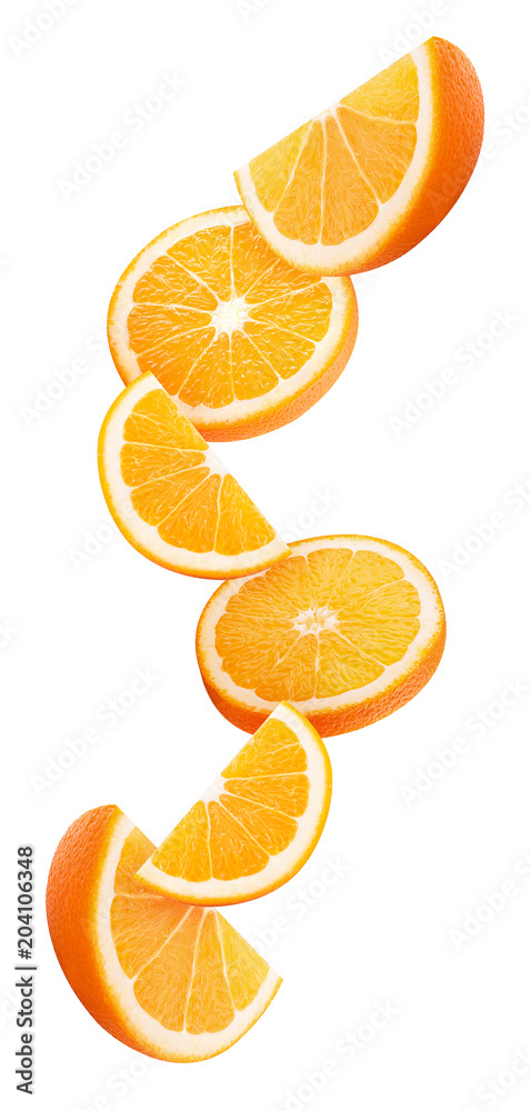 Poster slices orange flying in the air