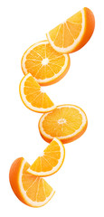Slices orange flying in the air