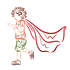 A small curly-haired superhero in a hurry to help