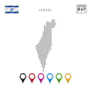 Vector Dotted Map of Israel. Simple Silhouette of Israel. The National Flag of Israel. Set of Multicolored Map Markers