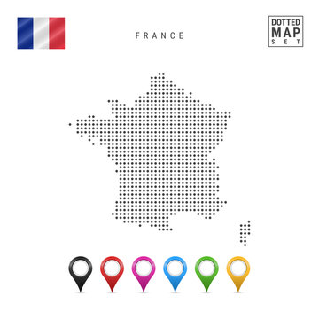 Vector Dotted Map of France. Simple Silhouette of France. The National Flag of France. Set of Multicolored Map Markers