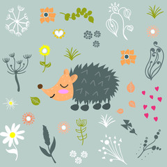 Obraz premium Set of hand-drawn flowers. Hedgeho. Twirls. Grass. The black. For your design.