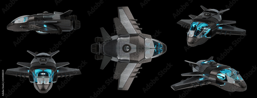 Aufkleber Futuristic spacecraft collection isolated on black background 3D rendering