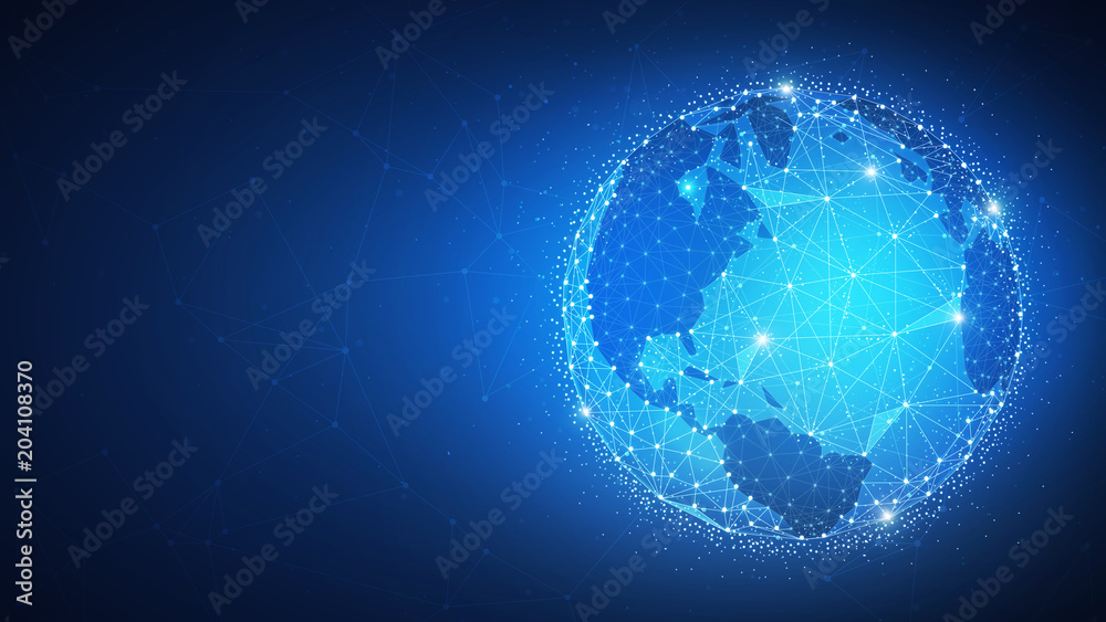 Poster blockchain technology futuristic hud background with world globe and blockchain polygon peer to peer