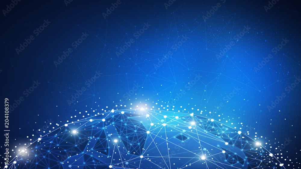 Poster blockchain technology futuristic hud background with world globe and blockchain polygon peer to peer