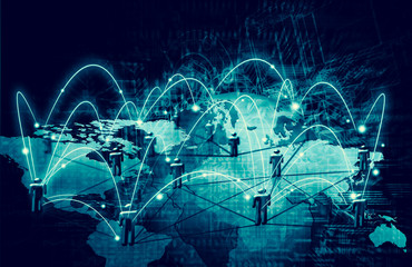 World map on a technological background, glowing lines symbols o