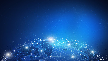 Blockchain technology futuristic hud background with world globe and blockchain polygon peer to peer network. Global cryptocurrency fintech business and finance banner concept. Low poly design.