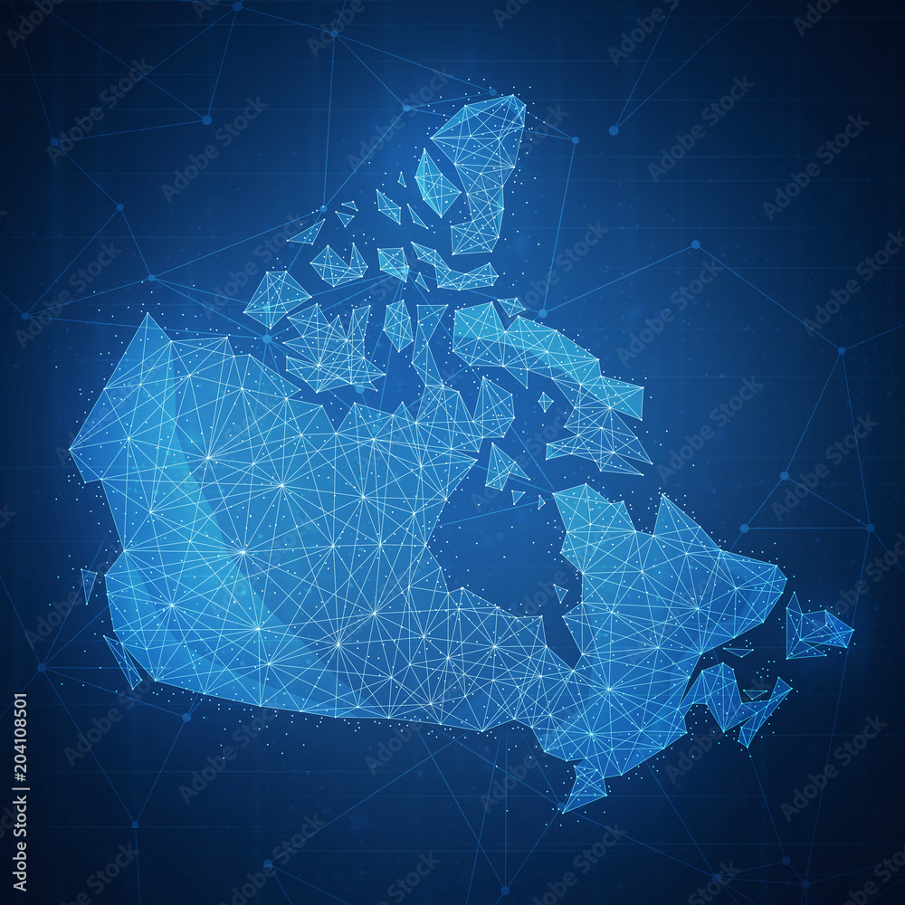 Poster polygon canada map with blockchain technology peer to peer network on futuristic hud background. net