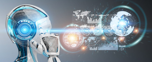 White woman cyborg using digital datas interface 3D rendering