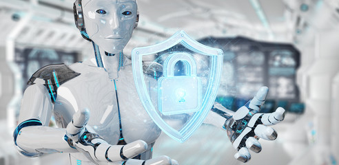 White woman humanoid using web security 3D rendering