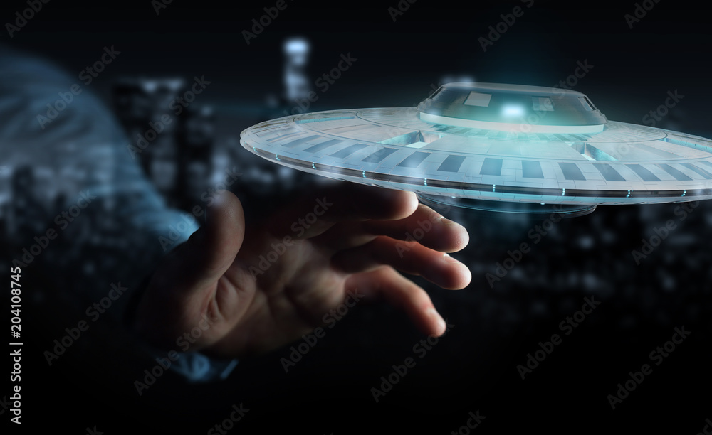 Aufkleber businessman with retro ufo spaceship 3d rendering