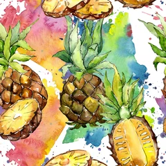 Tapeten Aquarellfrüchte Exotische Ananas gesundes Essen in einem Aquarellmuster. Vollständiger Name der Frucht: Ananas. Aquarelle Wildfrüchte für Hintergrund, Textur, Wrapper-Muster oder Menü.