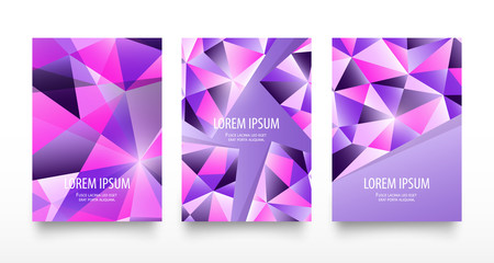 Colorful modern geometric crystal abstract flyers or card set. Trendy bright purple violet colors. Beautiful pink blue design pattern background in low poly style on white.