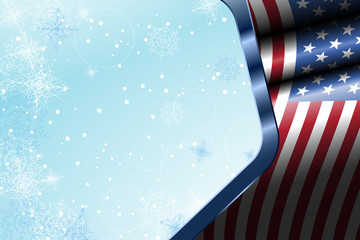 Illustration of wide holiday gradient light blue background with waving flag, snowflakes and metal frame with american flag.