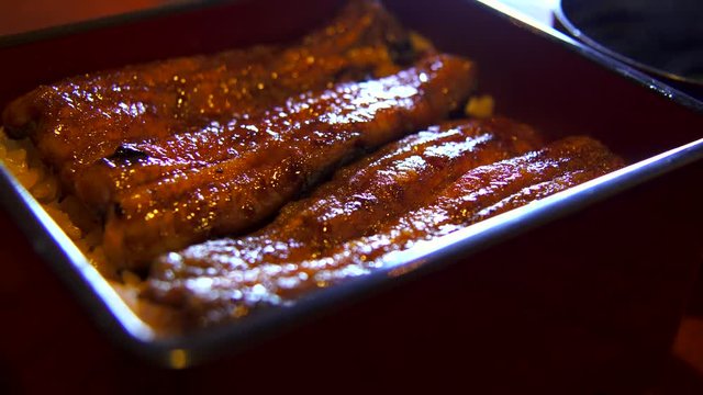 Marinated grilled eel over a box of rice. It is Japanese food "UNA-JUU",